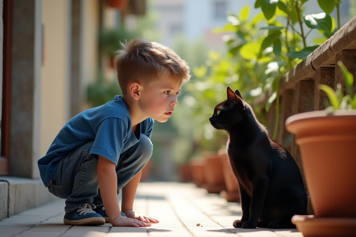 Garcon observe son chat sur le balcon en plein jour