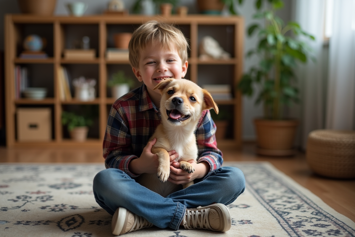 Garçon jouant avec un chien dans un salon chaleureux