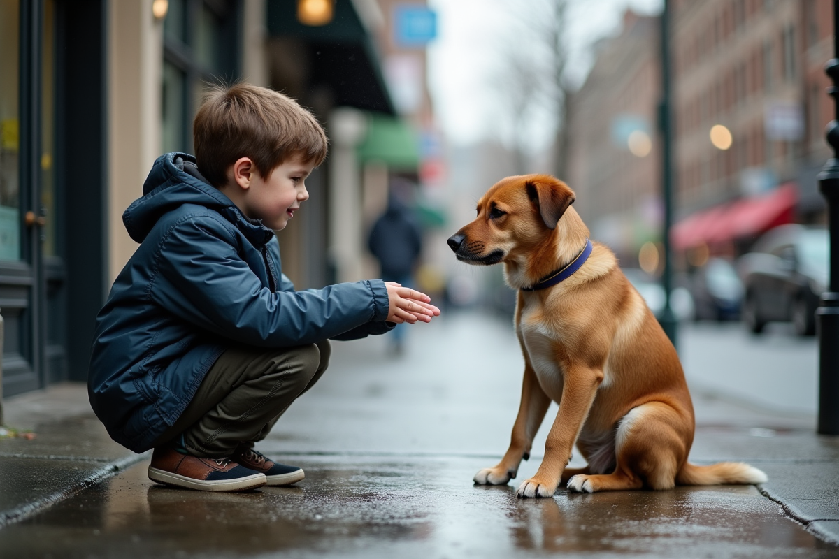 Jeune garçon avec son chien dans la ville sous la pluie