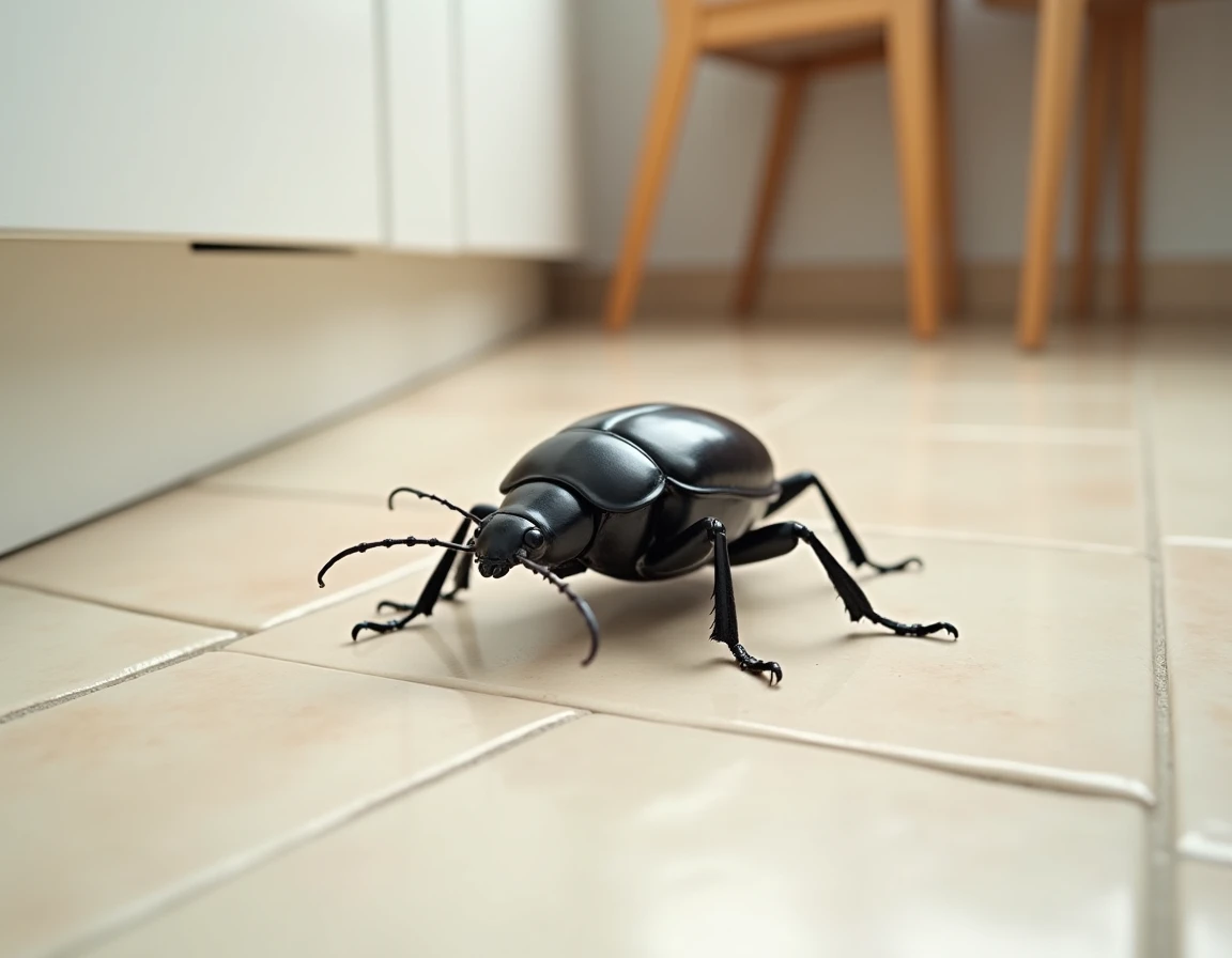 Grand coléoptère noir brillant traversant un carrelage de cuisine blanc, insecte noir dans une maison moderne