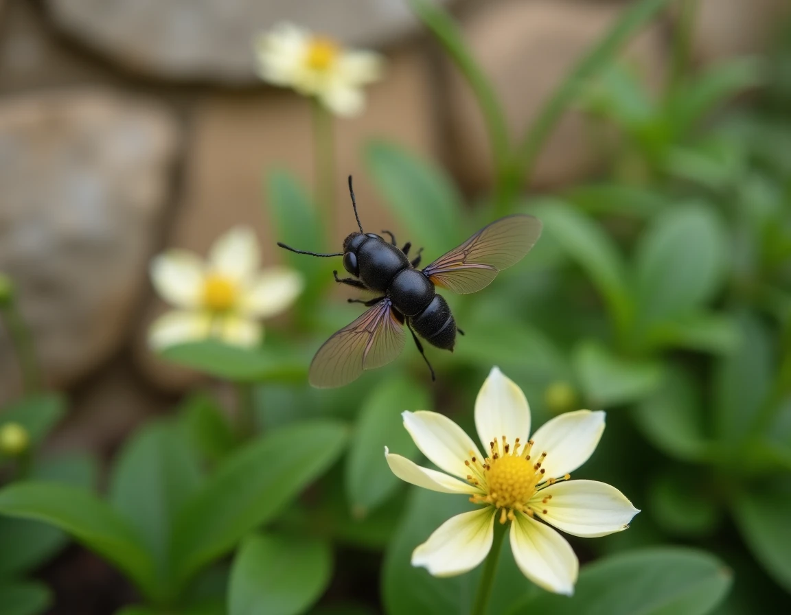 Grand insecte noir en vol dans un jardin résidentiel près de plantes en fleurs