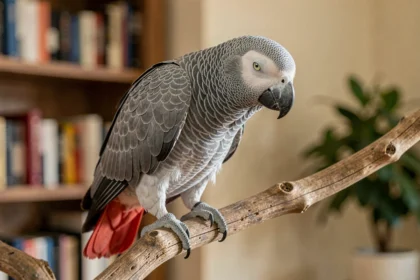 Gris du Gabon âgé aux plumes ébouriffées perché paisiblement sur une branche en bois dans un salon calme