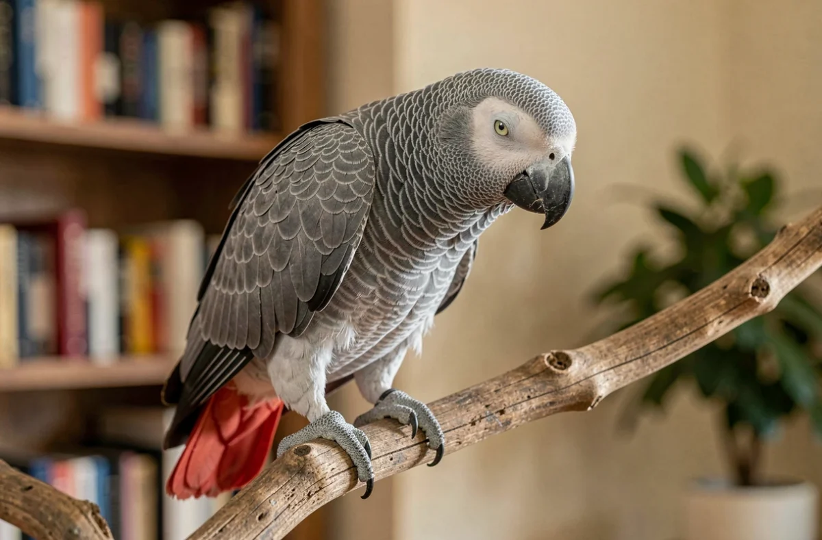 Gris du Gabon âgé aux plumes ébouriffées perché paisiblement sur une branche en bois dans un salon calme