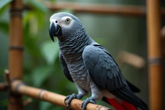 Perroquet gris du Gabon bleu perché sur une branche naturelle, montrant ses plumes gris-bleuté caractéristiques et sa queue rouge vif