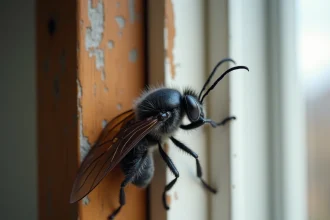 Gros insecte noir volant posé sur un rebord de fenêtre en bois à l'intérieur d'un appartement