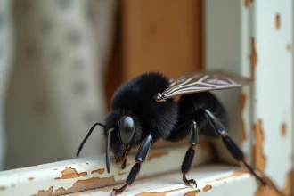 Gros insecte noir volant dans une maison posé sur un rebord de fenêtre en bois, abeille charpentière noire en gros plan
