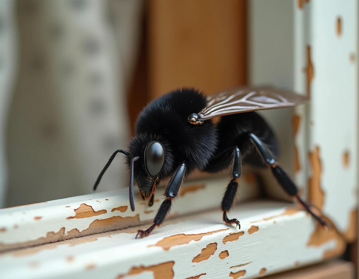 Gros insecte noir volant dans une maison posé sur un rebord de fenêtre en bois, abeille charpentière noire en gros plan