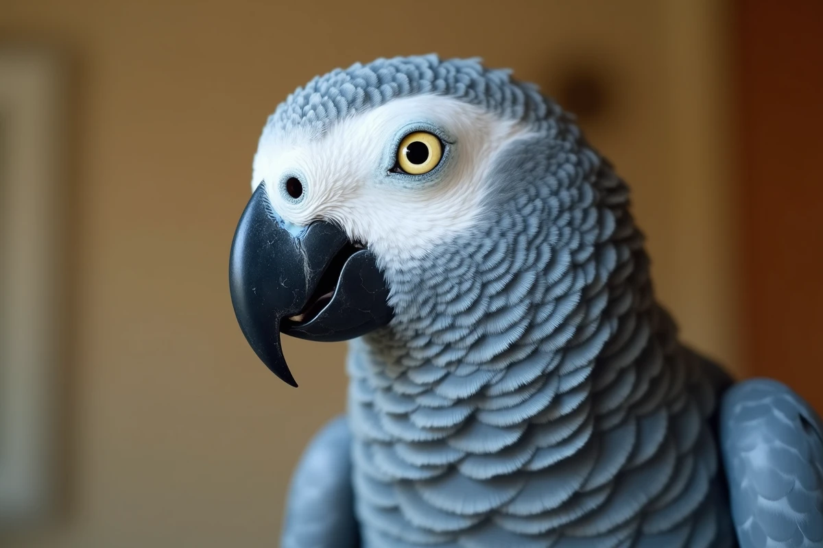 Gros plan sur le visage et les plumes d'un gris du Gabon bleu, mettant en évidence ses teintes bleutées distinctives et son iris jaune