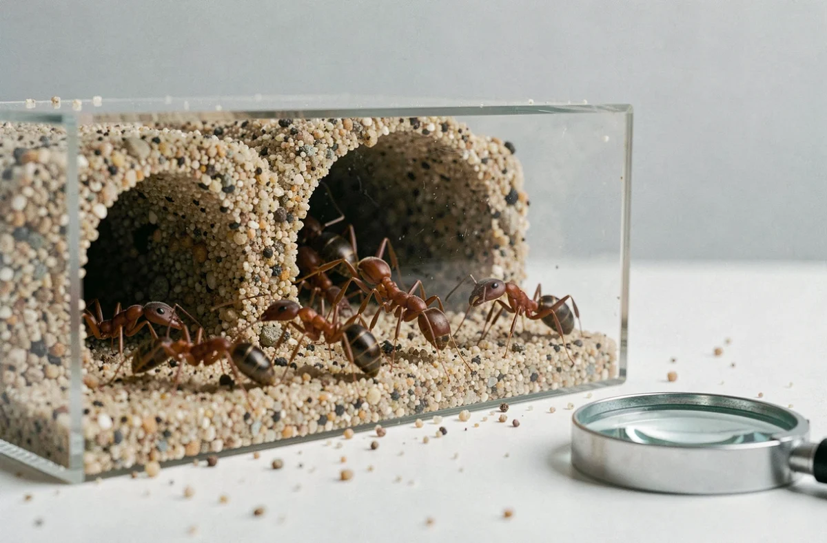 Gros plan macro sur une reine fourmis et ouvrières dans un formicarium creusable transparent rempli de sable