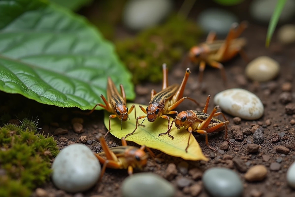 Groupe de criquets mangeant une feuille dans un jardin extérieur