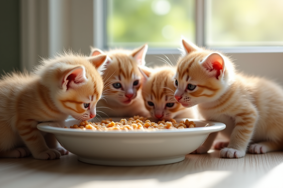 Groupe de chatons autour d un plat de nourriture douce