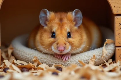 Hamster femelle dorée nichée dans un nid de coton douillet pendant la période de gestation