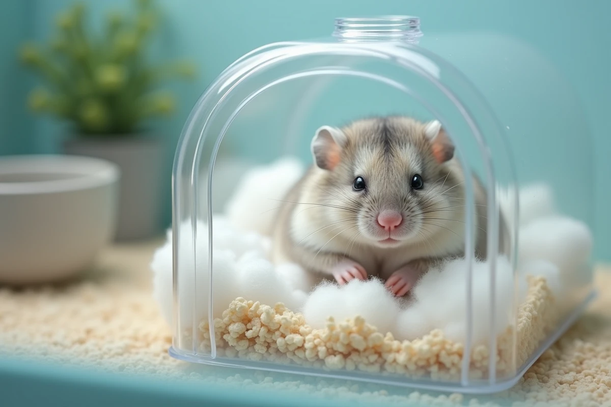 Hamster nain femelle en fin de gestation reposant dans une boîte de nidification transparente