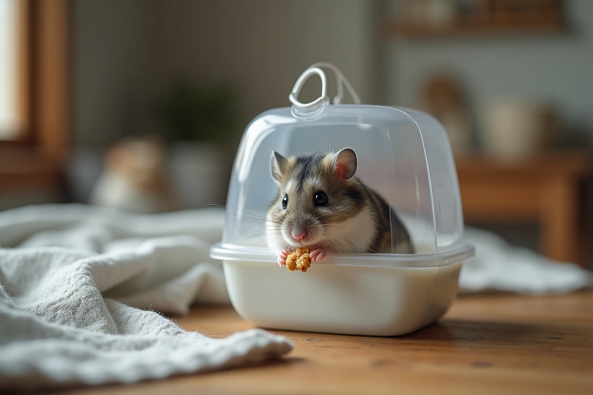Hamster russe nain dans une cage basique en plastique posée sur une table en bois