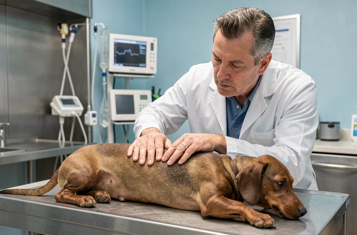 Un vétérinaire examine la colonne vertébrale d'un teckel couché sur une table d'examen pour détecter une hernie discale
