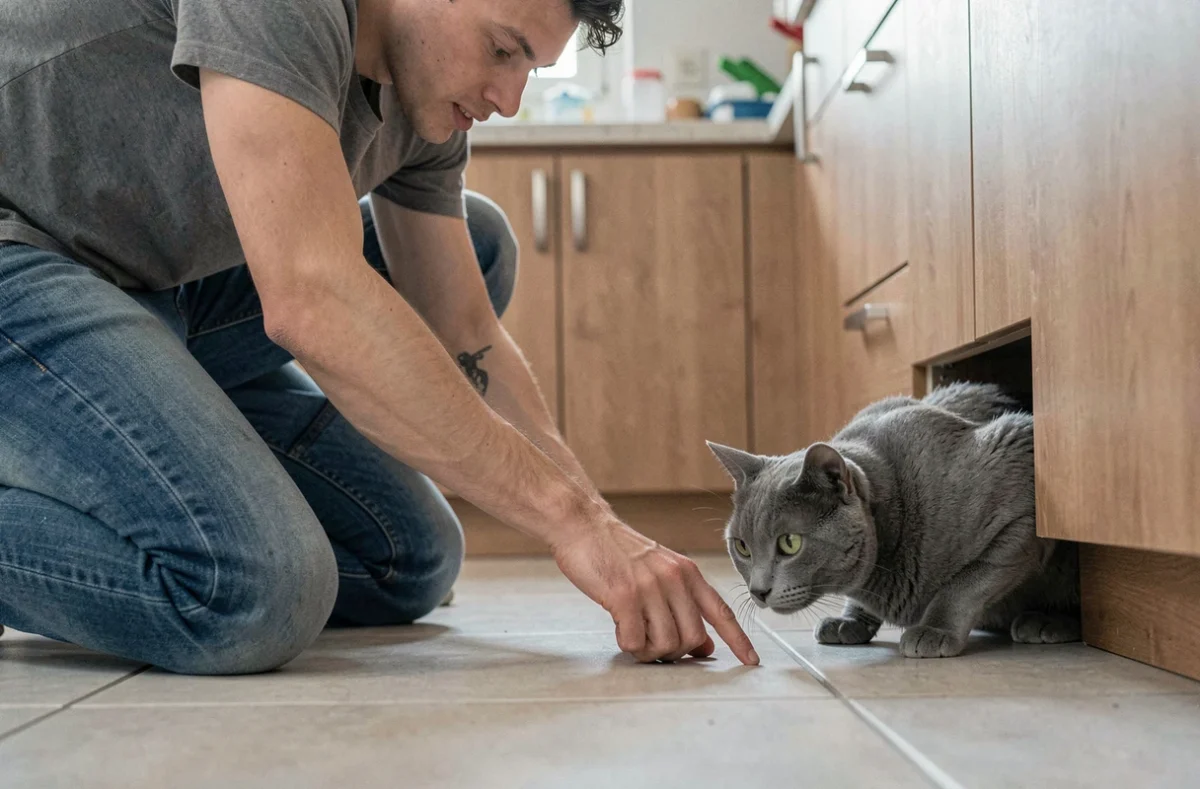 Homme tentant d'approcher un chat anxieux caché sous un meuble de cuisine