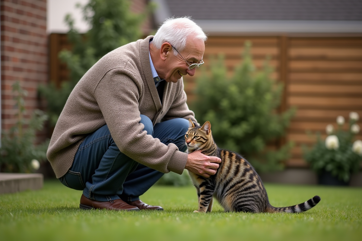 Homme âgé joue avec un chat dans un jardin soigné