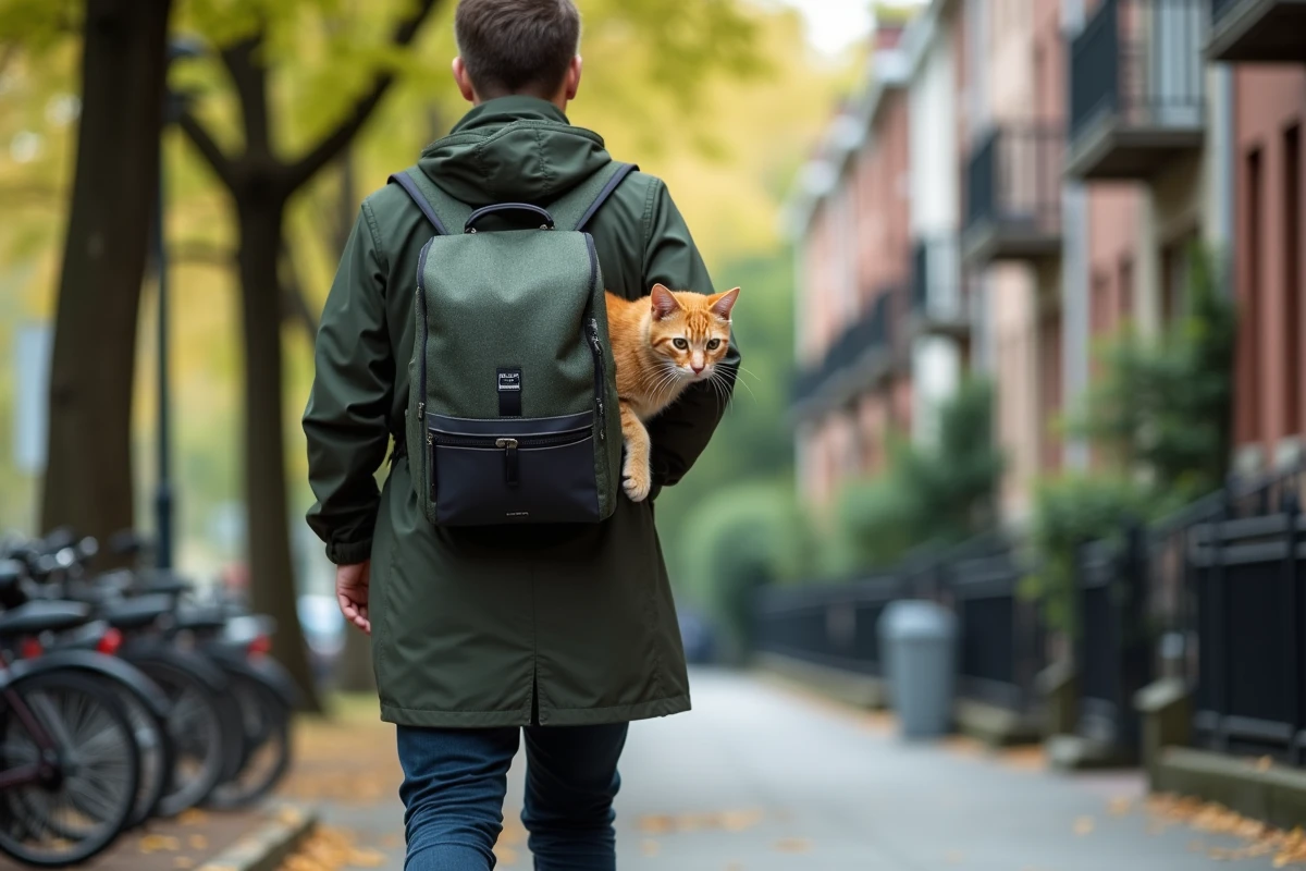 Homme avec chat dans un sac à dos urbain en ville