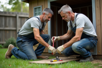 Homme en salopette assemble un chenil extérieur