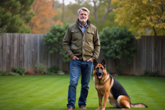 Homme d'âge moyen avec chien berger allemand dans jardin