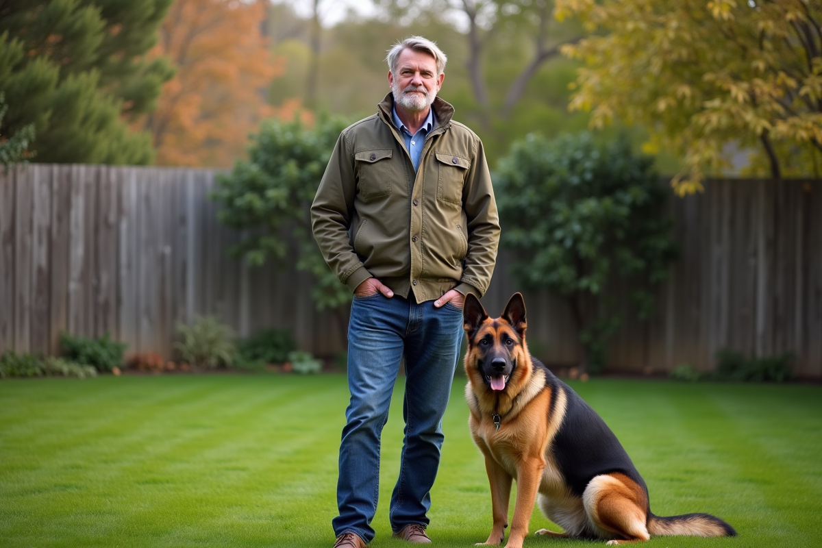 Homme d'âge moyen avec chien berger allemand dans jardin