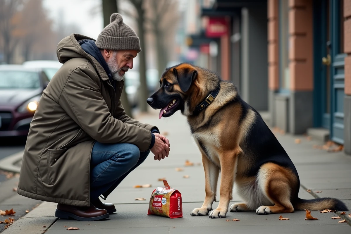 Homme âgé avec chien dans la rue en hiver