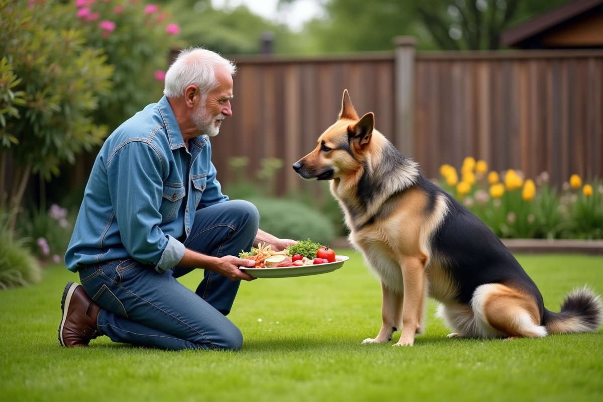Homme âgé dans le jardin donnant à manger à son chien de race mixte
