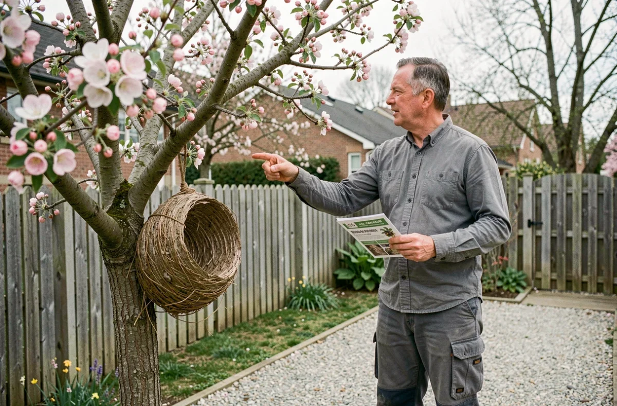 Homme signalant un nid de frelons asiatiques suspendu à un pommier en fleurs dans un jardin au printemps