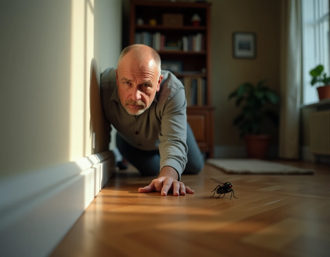 Homme observant un grand insecte noir sur un mur de salon, tipule ou diptère noir dans une maison française