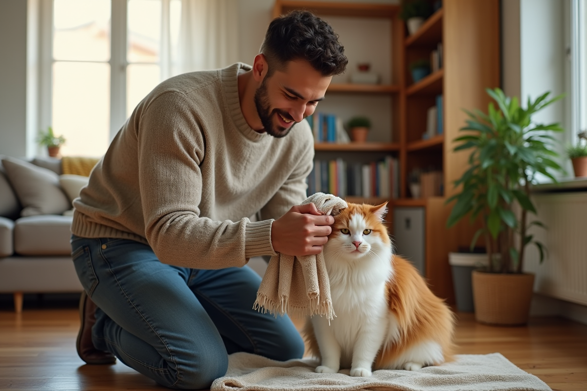 Homme séchant un chat Maine dans le salon ensoleille