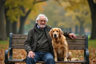 Homme senior avec chien golden retriever dans un parc automnal