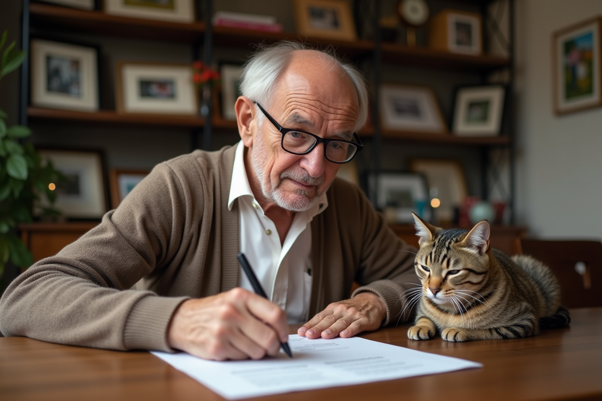 Homme âgé signant une pétition avec un chat sur la table