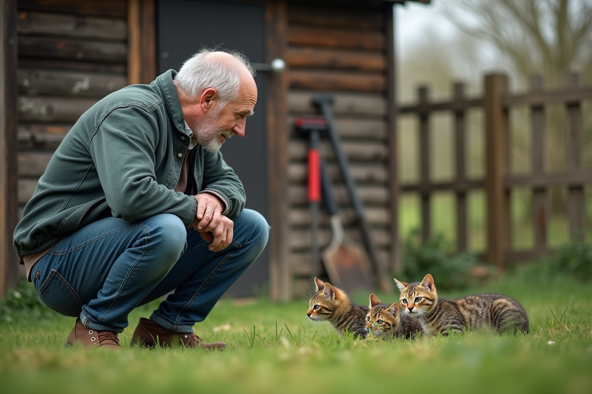 Homme soignant des chatons dans un jardin