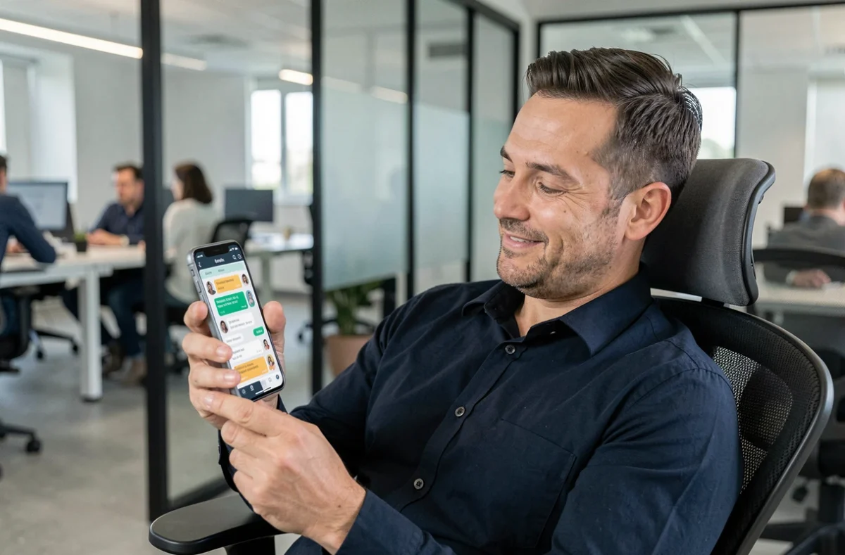 Homme consultant un tchat de radio Chéri FM sur smartphone dans un environnement de bureau moderne