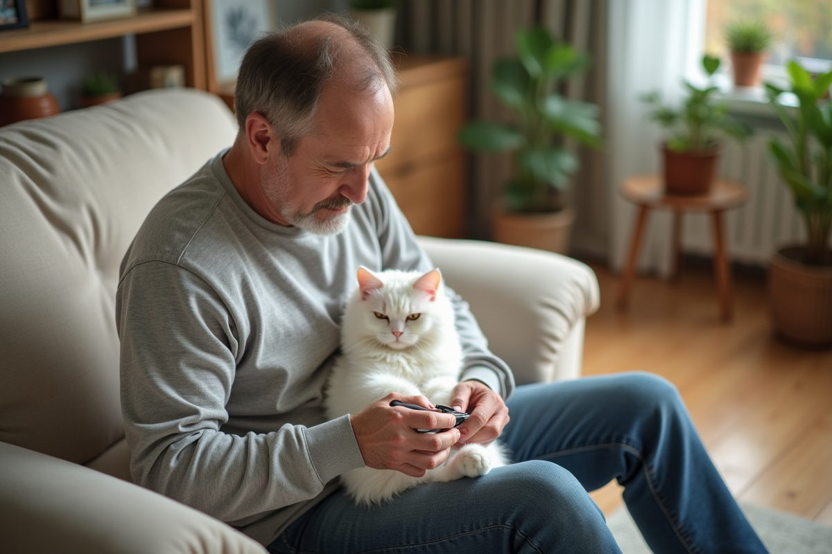 Homme chez lui trimant les griffes de son chat blanc