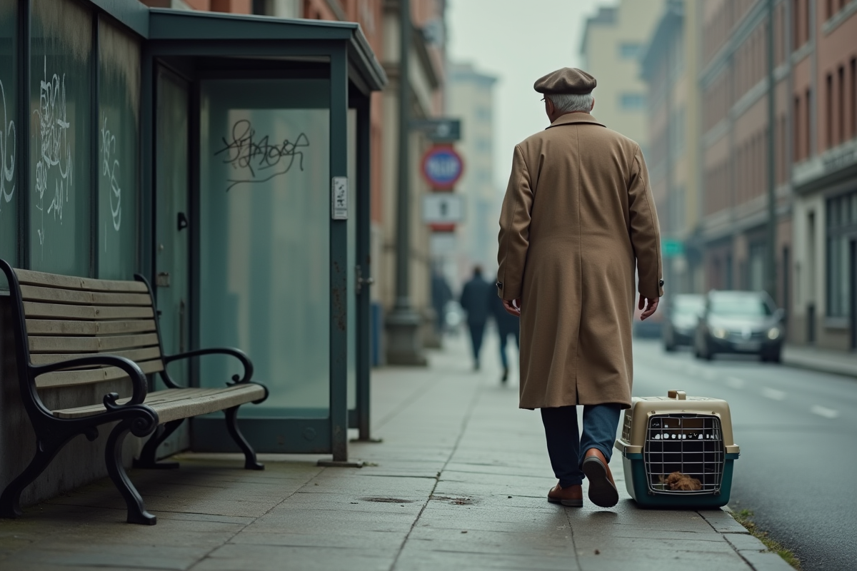 Vieux homme avec carrier abandonné en ville