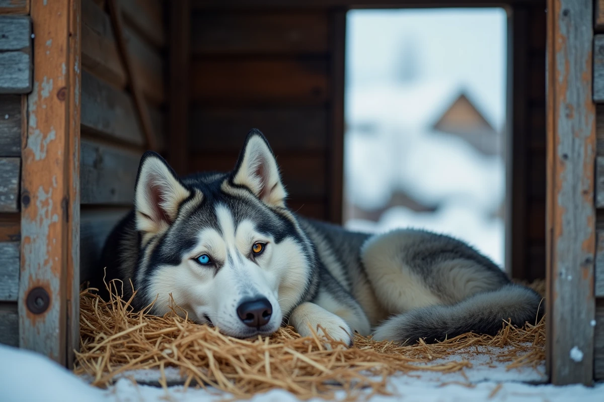 Husky de Sibérie aux yeux vairons se reposant dans un chenil en bois traditionnel d'un village sibérien enneigé, fourrure épaisse et expression détendue