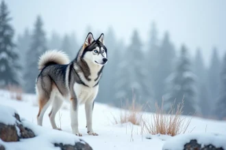 Husky de Sibérie debout sur un terrain enneigé en hiver, fourrure grise et blanche et yeux bleus perçants, paysage de taïga en arrière-plan