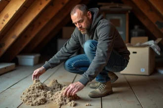 Homme en extérieur examinant des déjections animales dans un grenier