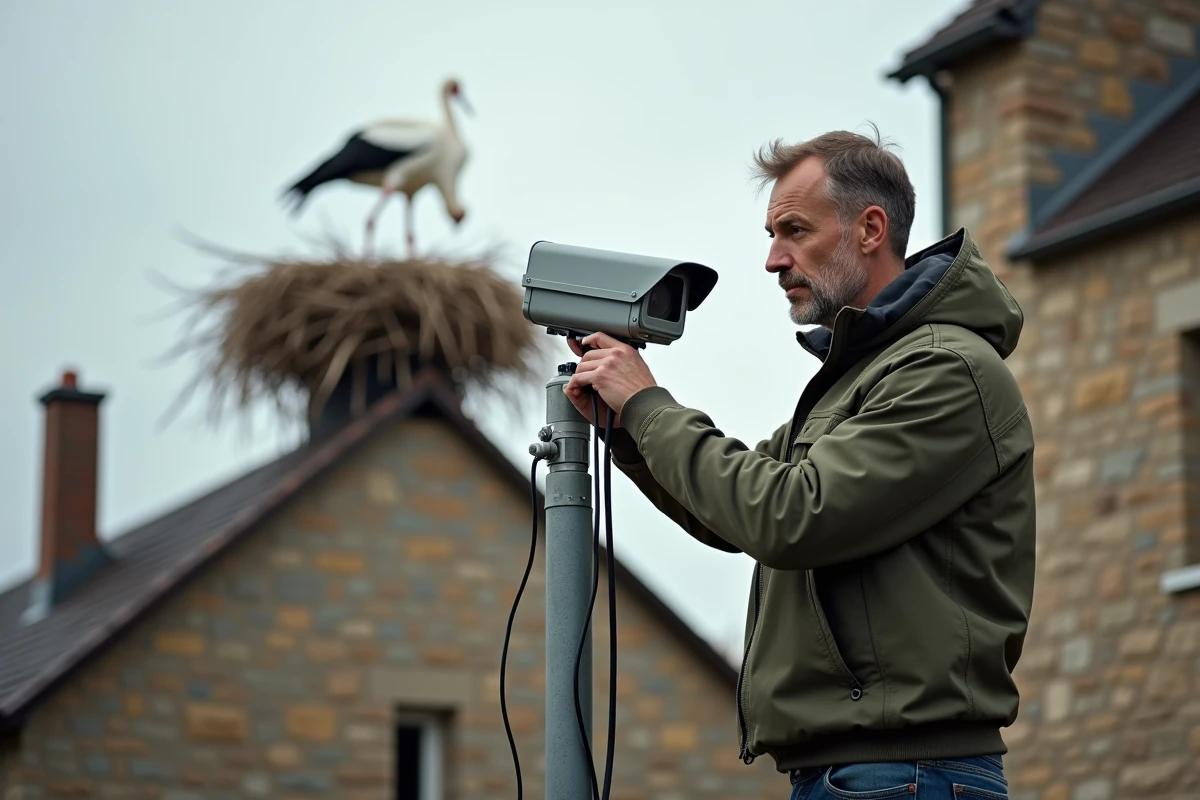 Technicien installant une caméra de surveillance sur un nid de cigognes fixé sur une ferme en pierre en Moselle