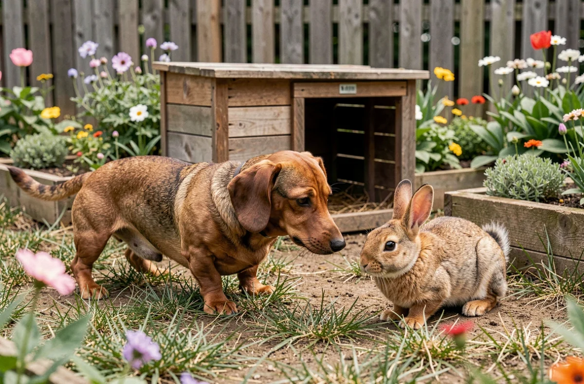 Un teckel en posture de chasse fixant intensément un lapin dans son enclos, illustrant l'instinct de prédation