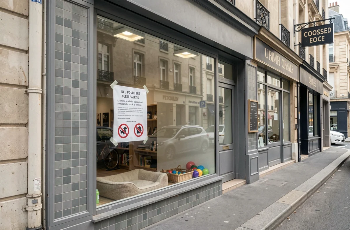 Vitrine vide d'une animalerie française avec une affiche réglementaire sur l'interdiction de vente de chiens depuis 2024