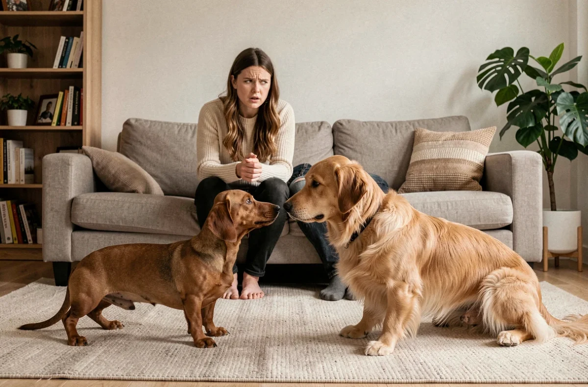 Un teckel jaloux s'interposant entre son maître et un autre chien du foyer avec une posture de possession marquée