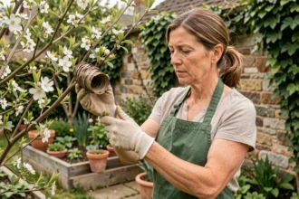 Jardinière inspectant un arbuste au printemps avec des gants de jardinage pour repérer un nid de frelons asiatiques noirs