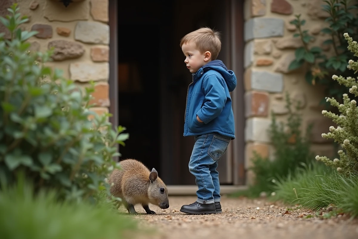Jeune enfant observant un petit grison dans un environnement rural