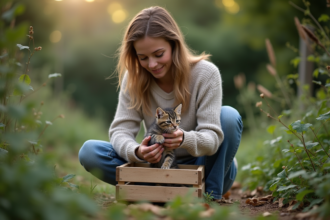 Jeune femme avec un chaton dans un jardin naturel