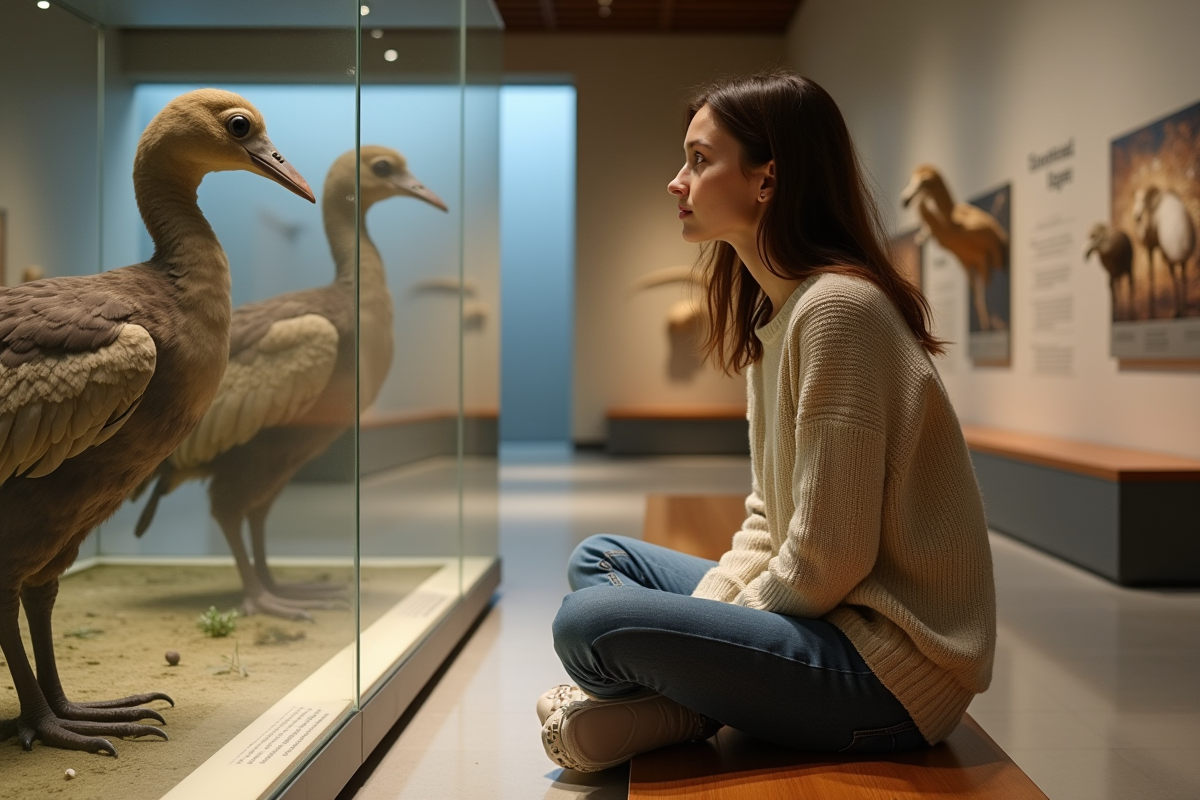 Jeune femme observant un spécimen de dodo dans un musée