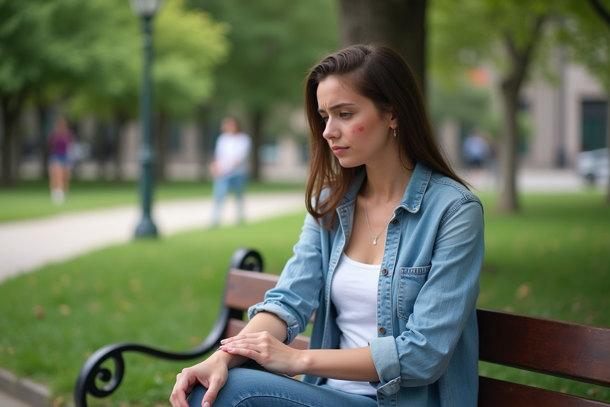 Jeune femme assise sur un banc de parc urbain examine une marque rouge