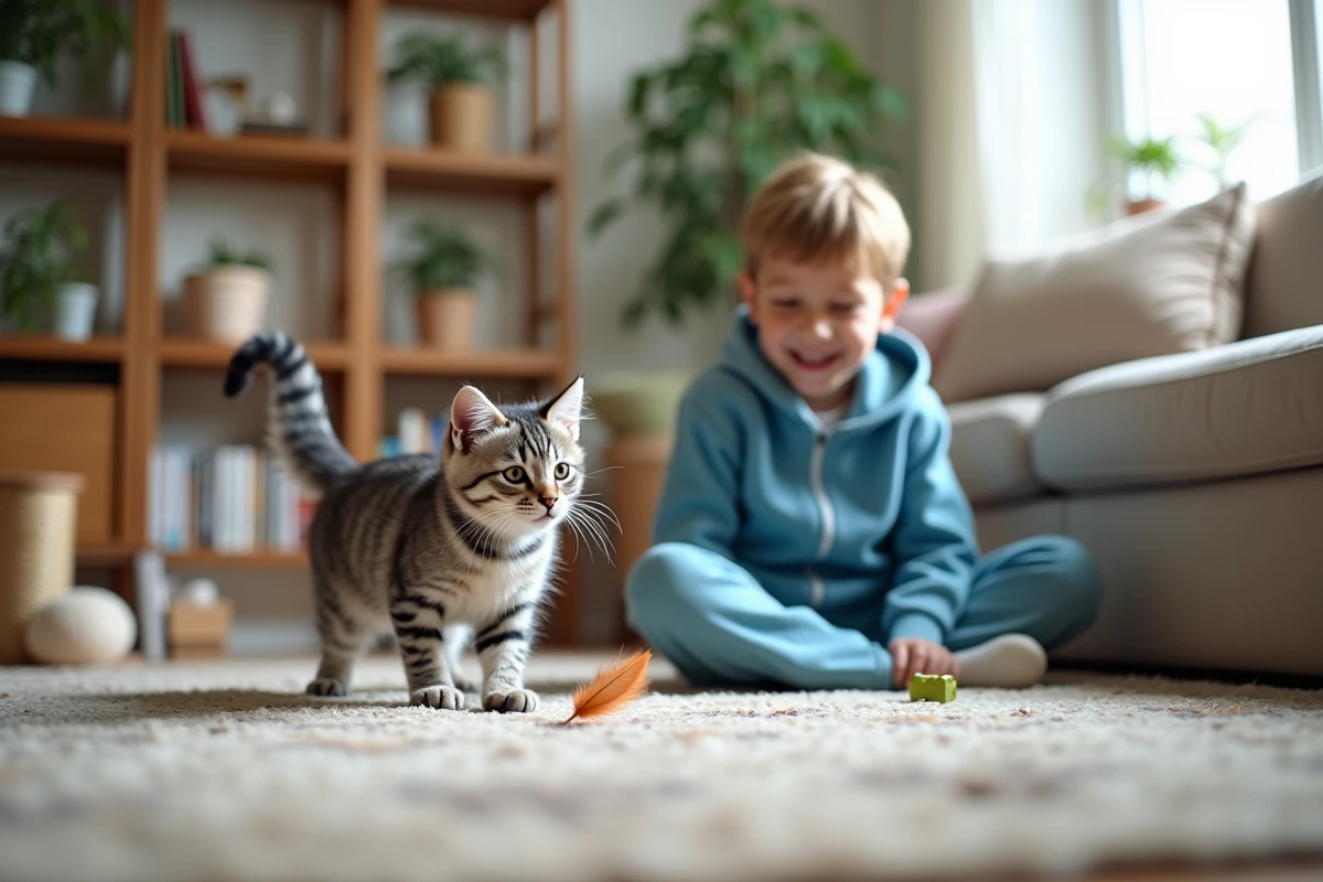 Jeune garçon avec chat Egyptian Mau jouant dans le salon