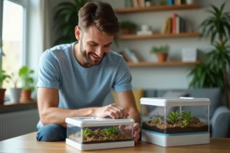 Jeune homme posant un kit d'anti ferme dans un salon lumineux